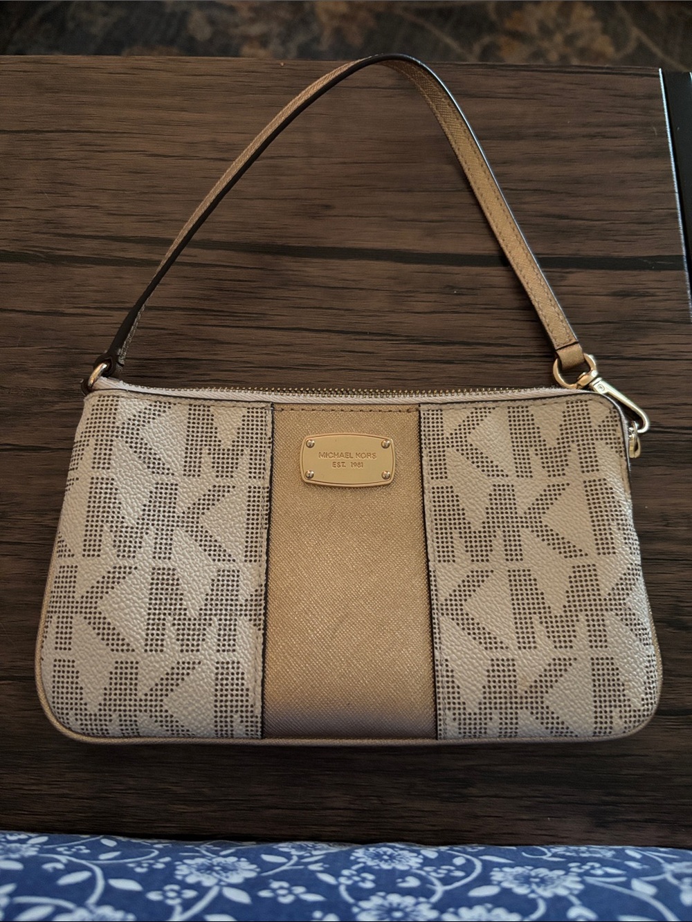 Michael Kors Jet Set Beige and Gold MK Logo Wristlet